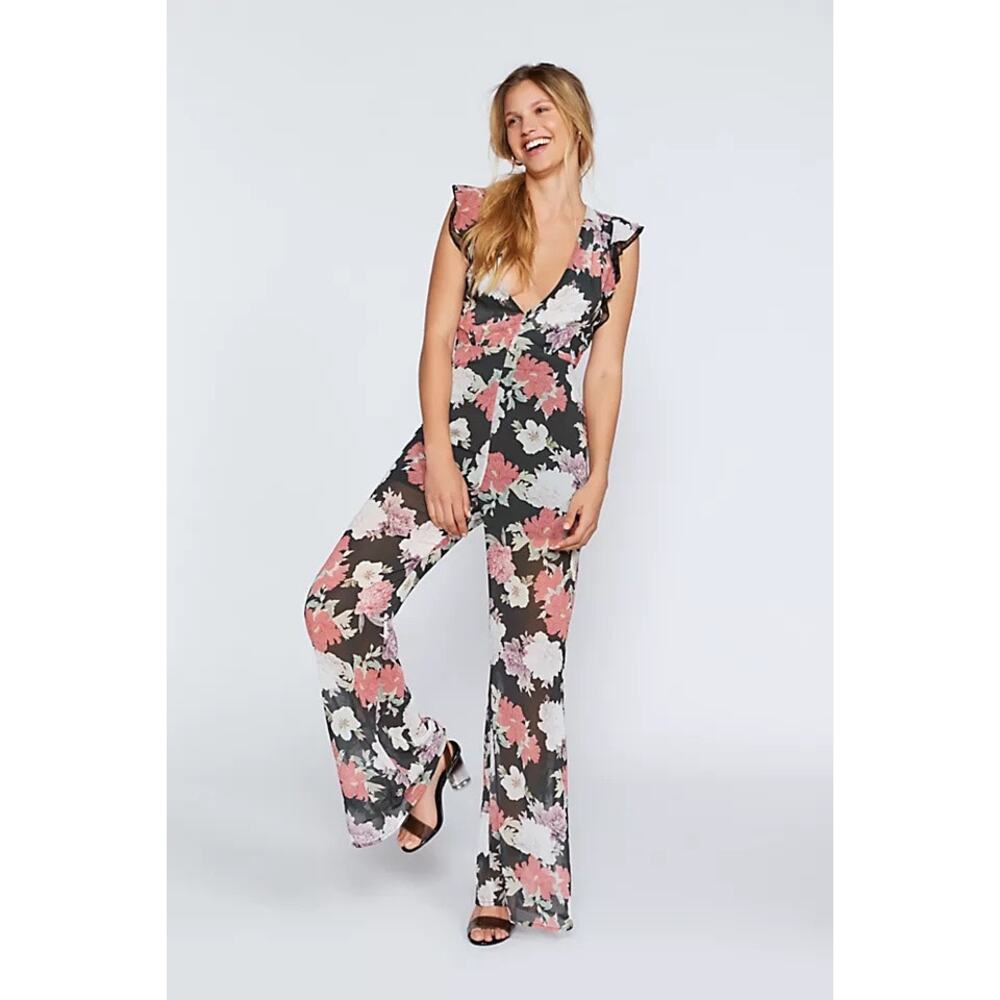 NWT We Are Kindred Field Bouquet Jumpsuit Size 4 Black Floral Wide Leg